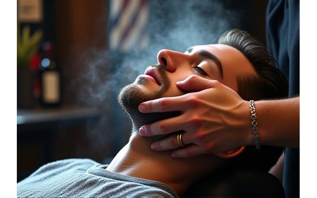 Barber applying a hot towel to a client's face for a traditional shave