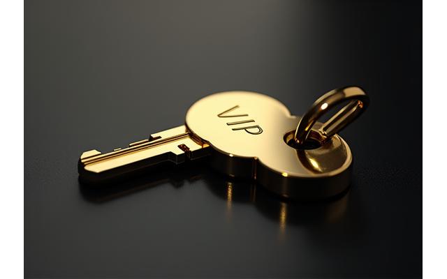 Gold key with 'VIP' engraving, symbolizing exclusive membership